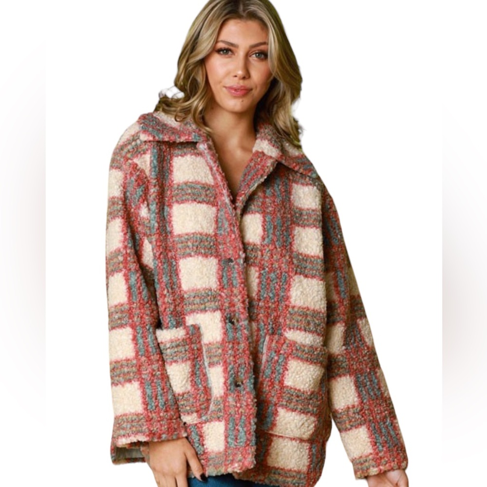 Women’s Red/Teal Plaid Teddy Pocketed Button-Down Shacket NWT